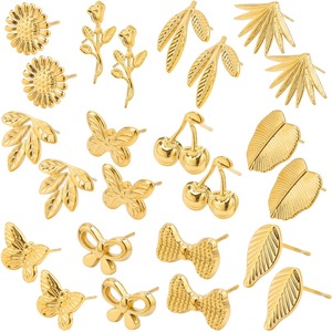 Gold Plated Stainless Steel <b>Stud</b> Earrings Nature Floral Leaf Butterfly Cherry Bow Pierced Jewelry - Product Image 1