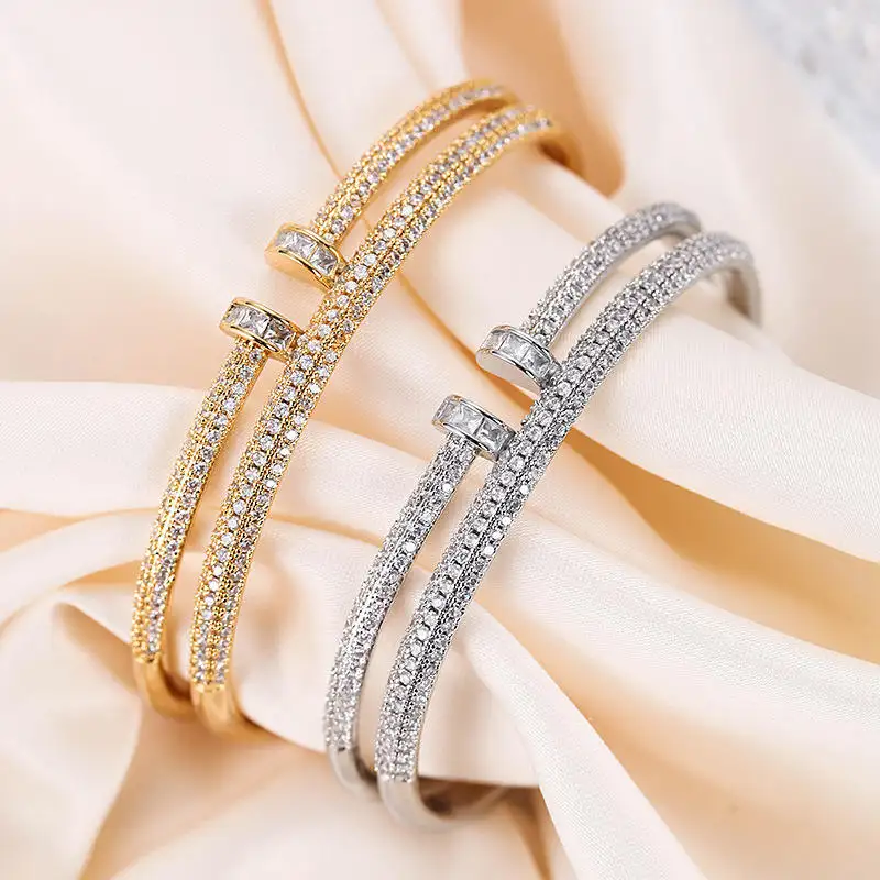 Fashion Luxury Full Of Zircon Branded Inspired Designer Screw Bangles Rings Double Layers Screw Bracelets For Women Gold Jewelry