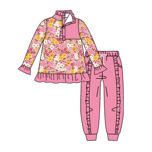 Conjunto de 2 Piezas de Ropa para Niñas, Camiseta Informal Personalizada con Estampado Floral de Algodón de Manga Larga y Pantalones Jogger con Volantes - Product Image 2