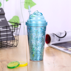 Económico <span class=keywords><strong>duro</strong></span> taza flor DIY taza de plástico foto insertar doble pared tazas con paja - Product Image 4