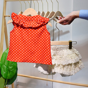 Distribuidor de Fábrica China, Ropa para Niñas, Conjuntos de Camiseta con Estampado de Lunares Color Mandarina y Minifalda de Encaje Extra Corta - Product Image 3