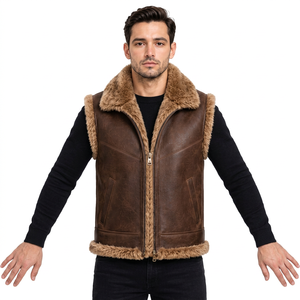 Gilet en cuir marron pour homme avec col en fourrure, fermeture éclair et doublure en fourrure - Product Image 1