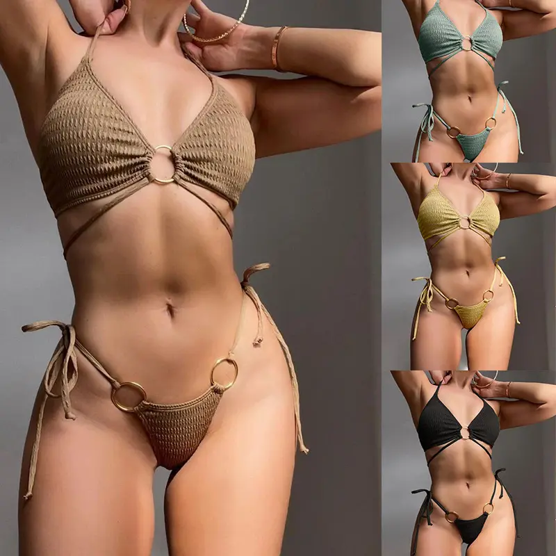 2024 Damenbademode solide Farbe Halter-Ausschnitt sexy rückenfreier Tanga zweiteiliger Bikini-Badeanzug für Damen
