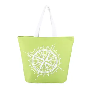 Bolsa de playa con estampado de brújula reciclable de alta calidad, bolsa de playa de lona verde reutilizable