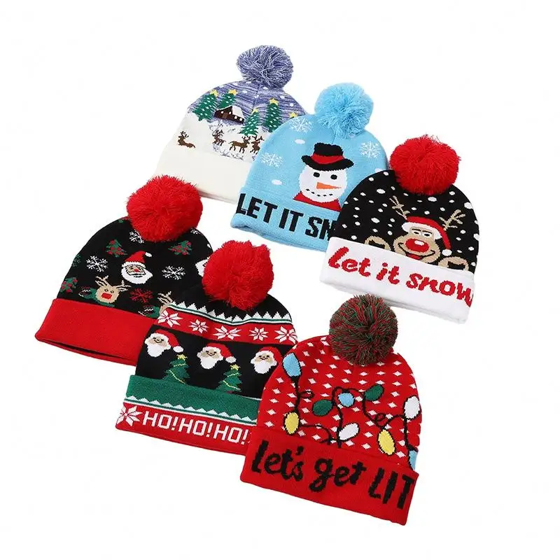 Sombreros de punto de invierno Sombreros de nieve de Navidad unisex Pompón Sombreros de Papá Noel Gorros cálidos Gorros de punto con capucha de Navidad