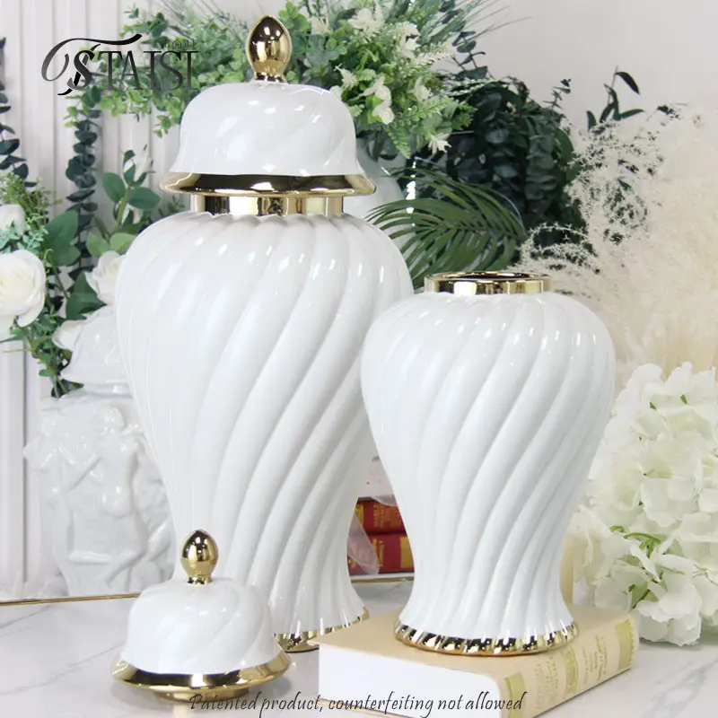 J296 Jarra de gengibre com estampa espiral moderna de ouro e branco ondulado, vaso de mesa para decoração de casamento e outras decorações de casa, design artístico