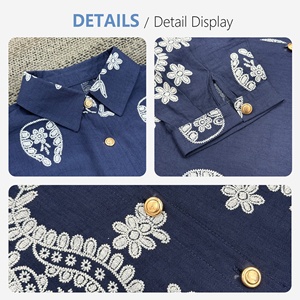 Camisa Azul Oscuro Bordada para <span class=keywords><strong>Mujer</strong></span>, Blusa <span class=keywords><strong>de</strong></span> Algodón y <span class=keywords><strong>Lino</strong></span> con Botones Dorados, Manga Enrollable, Estampado Paisley, Chemise Femme - Product Image 6