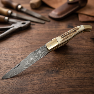 High Quality Industrial Grade Rajput Knives Damascus Steel Pocket Folding Knife with Stag Horn Handle 23cm 3-Year Warranty - Product Image 1