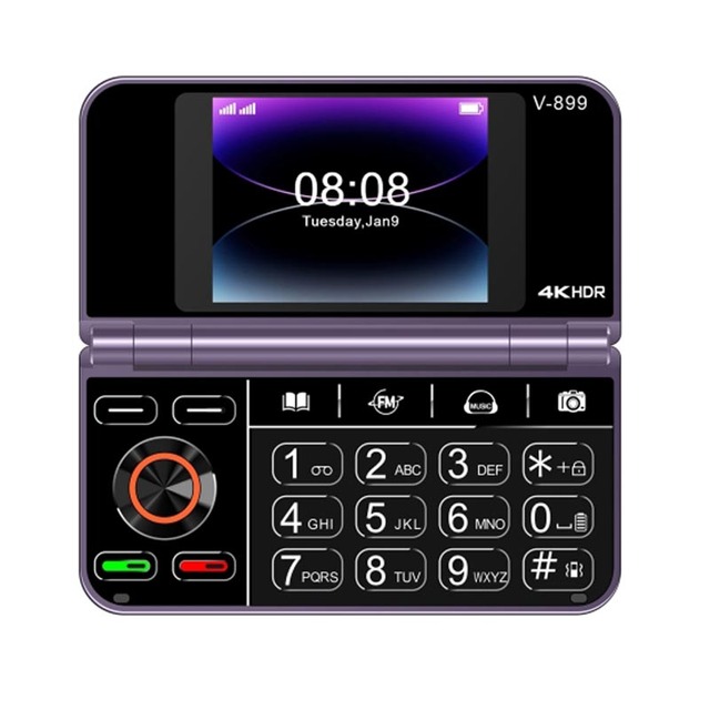 V-899 2G Network Flip Phone 2.4inch+2.8inch Dual Screen Wireless FM Big Speaker Dual SIM Dual Standby Foldable Feature Phone