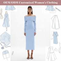 Robe crayon midi chic et élégante pour femme, bleu poudré, à épaules dénudées, côtelée, à manches longues, style Bardot, personnalisée, idéale pour le bureau et les rendez-vous.