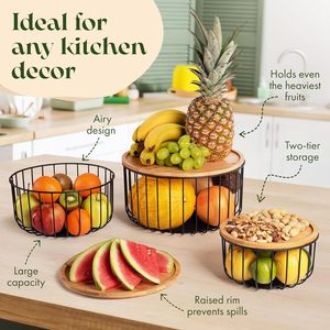 Three Piece Iron And Bamboo Fruit <b>Basket</b> Set Round Stackable Kitchen <b>Storage</b> With Lid <b>Large</b> Capacity For Fruits Vegetables - Product Image 1