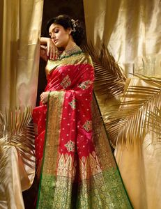 Festive Wear Women's Silk <b>Saree</b> <b>Red</b> With Green Border Traditional Ethnic Wear For Wedding Occasion India Pakistan Style - Product Image 4
