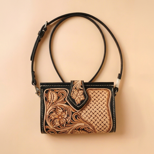 Handcrafted Genuine Leather Women's Crossbody Bag Floral Embossed Sling Purse Woven Panel <b>Zipper</b> Closure Shoulder <b>Wallet</b> Fashion - Product Image 1