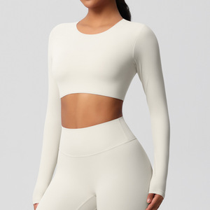 Top Yoga a Maniche Lunghe Crop Solido in Spandex/Nylon Spazzolato su Entrambi i Lati, Vestibilità Slim Traspirante <span class=keywords><strong>per</strong></span> Corsa e <span class=keywords><strong>Fitness</strong></span> - Product Image 5