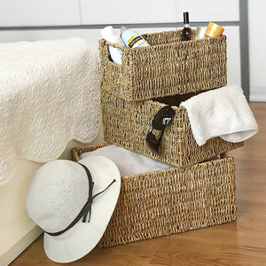 Ensemble de paniers de rangement en paille tressée faits à la main de style japonais, rectangulaires, petits, moyens et grands, pour salle de bain, cuisine, salon, chambre à coucher - Product Image 3