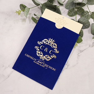 Invito tascabile in velluto blu scuro personalizzato con nappine di lusso carte di nozze fatte a mano <span class=keywords><strong>carta</strong></span> stagnola d'oro - Product Image 4