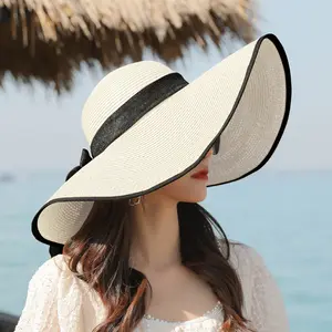 Women's Wide Brim Hat UV Protection Bowknot Sun Protection Caps Floppy Straw Hat Summer Beach Hats