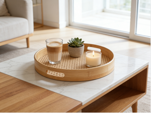 Bandeja Redonda para Servir, Hecha a Mano, de Bambú y Ratán Tejido, con Asas, para Mesa de Centro, Cocina, Decoración del Hogar, Desayuno, Comida y Bebidas - Product Image 2