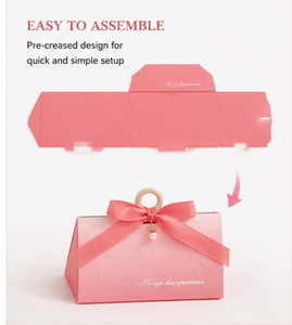 Custom <b>Pink</b> Paper <b>Gift</b> <b>Box</b> with Wooden Ring Handle Satin Ribbon Bow Foldable Packaging for Candy and Wedding Favor Wholesale - Product Image 2