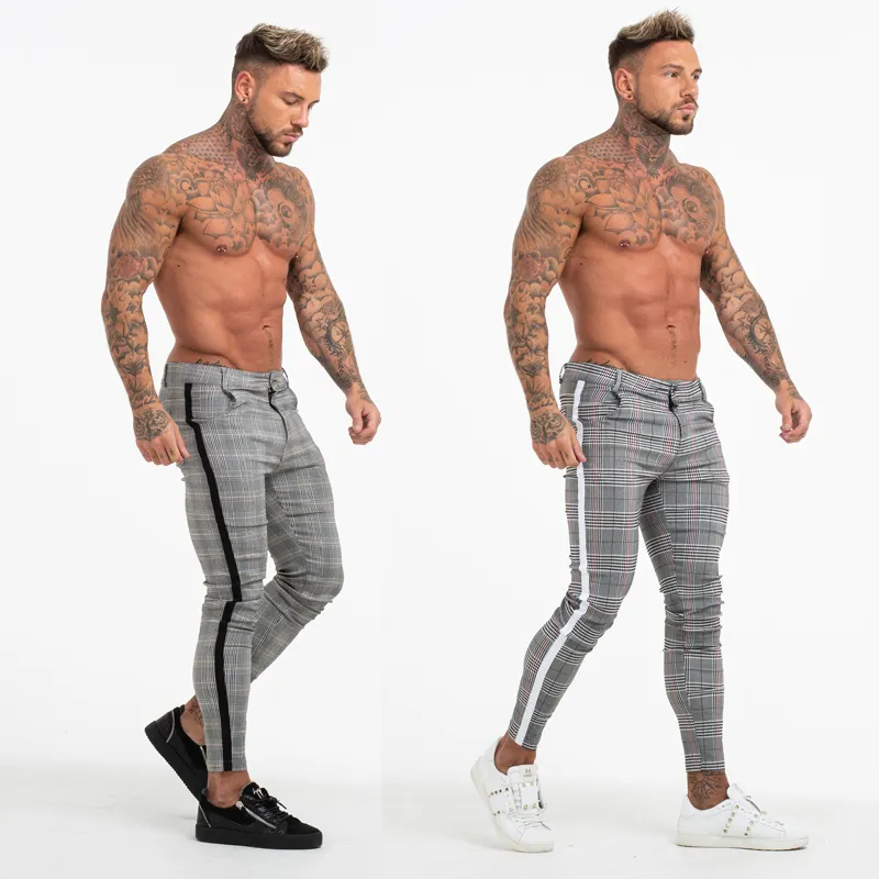 Men Skinny Fit Stretch Check Trousers Add Side Taping Mens Brand Chino Men's Trousers & Pants