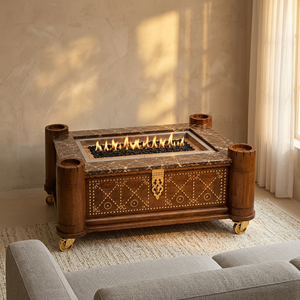 Structure rectangulaire en bois avec plateau en acier inoxydable intégré pour foyer et dessus en granit avec finitions en laiton. - Product Image 3