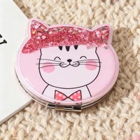 Miroir de maquillage personnalisé en acier inoxydable avec tête d'animal. Design Cat Lava. Logo couleur personnalisable. Mariage ou anniversaire compact
