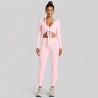 Ensemble de yoga 6 pièces pour femme : haut court à manches longues à nouer devant, boléro, soutien-gorge de sport à col halter et leggings taille haute – Tenue d'entraînement
