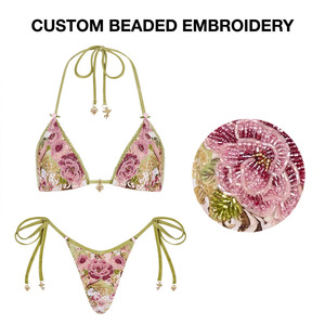 Fabrication sur mesure, nouveau style, micro-kini écologique, bretelles fines, triangle, halter, broderie 3D, nouage sur les côtés, maillot de bain <span class=keywords><strong>bikini</strong></span> pour femmes - Product Image 1