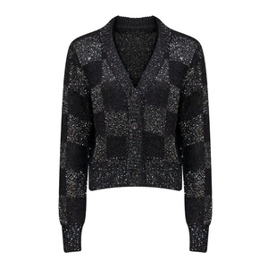 Maglieria personalizzata di marca personalizzata elegante lussuoso scollo a V scintillante Cardigan nero lavorato a <span class=keywords><strong>maglia</strong></span> scozzese maglione donna - Product Image 1