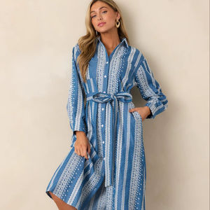 Vestido Maxi Informal de Manga Corta con Botones Delanteros y Cuello en V para Mujer, Cintura Natural, Tejido Lavable, 100% Algodón, Bordado a Máquina - Product Image 1