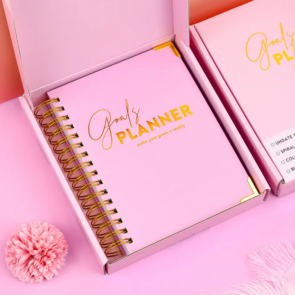 Buku Catatan Agenda Perencana A5 Tujuan Harian Spiral Harian Hardcover Pink Label Pribadi Kustom