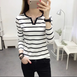 Chemise en coton à manches longues de style décontracté pour femmes Respirante et douce pour la peau Confortable Taille unique convient à tous Rayures <span class=keywords><strong>T</strong></span>-<span class=keywords><strong>shirt</strong></span> - Product Image 2