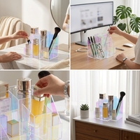 Organisateur de maquillage en acrylique irisé en gros avec plusieurs compartiments pour le rangement des cosmétiques et support pour pinceaux de maquillage