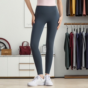 Vente flash - Pantalon de yoga pour femme à taille haute, logo personnalisé, uni, en spandex et nylon, contrôle du ventre, collants de fitness pour la salle de sport, sans couture avant - Product Image 1