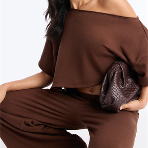 Ensemble deux pièces pour femmes, printemps-été, pantalon long en polyester et chemise à manches courtes, épaules tombantes, impression DTG et sérigraphie - Product Image 3