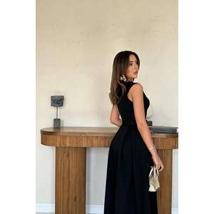 Vestido de Noche de Satén al por Mayor, Estilo A-Line, con Cuello Halter, Mangas Acampanadas, Cintura Imperio, Largo hasta el Suelo, Disponible en Talla XS para Fiestas - Product Image 1