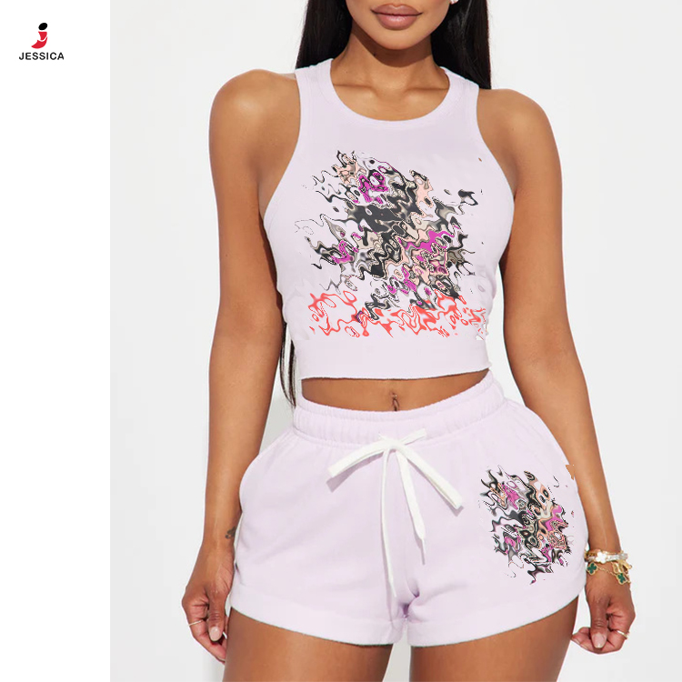 Shop M0811 Women Designer Clothes - Printed Tank Top & Shorts Set for Summer Shop M0811 Women Designer Clothes - Printed Tank Top & Shorts Set for Summer