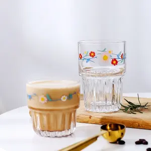 330ml/250ml çiçek dondurma fincan suyu içme bardakları kokteyl cam logo ile dikey çizgili nordic nervürlü cam bardak
