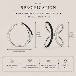 Bague ouverte à double boucle croisée en or 18 carats avec diamants naturels noirs et blancs, bijoux de luxe modernes et contrastés pour femmes, bijoux fins - Product Image 4