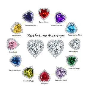 Halo Earrings Jewelry Heart Shaped Colorful Birthstone CZ Rhodium Plated 925 Sterling Silver Earring Studs