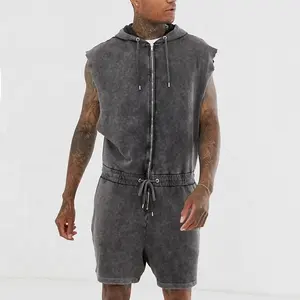 Custom mens zip-up sleeveless hooded short jumpsuit in grey acid wash