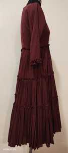 Vestido plisado de manga larga con cuello redondo color granate para mujer, informal, de otoño, color liso, largo hasta la rodilla, de tela crepé, corte regular - Product Image 4