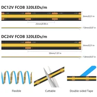 Bande LED COB 12V 24V 8mm PCB Noir Dimmable 320LEDs/m Haute Densité RA90 Ruban Flexible Extérieur Matériel ABS