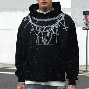 100% coton Boxy pull à capuche unisexe Streetwear imprimé graphique sweats à capuche personnalisé Y2k surdimensionné français éponge strass à capuche - Product Image 1