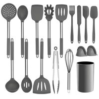 Pas cher 17 pièces gris foncé poignée en acier inoxydable louche outils de cuisine silicone ensemble d'ustensiles de cuisine