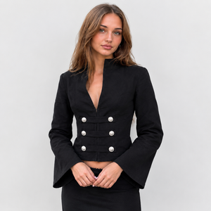 Blazer court noir croisé pour femme, coupe ajustée, col montant, manches longues, en polyester tissé, vêtement d'extérieur tendance - Product Image 1