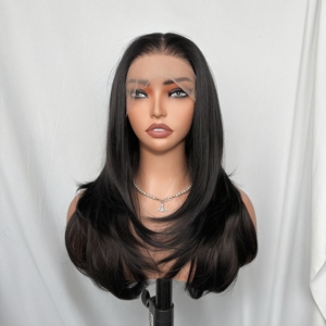 <span class=keywords><strong>Peluca</strong></span> sintética sin pegamento <span class=keywords><strong>con</strong></span> encaje <span class=keywords><strong>frontal</strong></span> 13x6, larga, lisa, en capas, negra, <span class=keywords><strong>con</strong></span> línea de cabello pre-arrancada, resistente al calor, gorra de <span class=keywords><strong>malla</strong></span> elástica, 200% de densidad. - Product Image 2