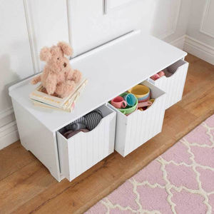 Banc de rangement classique blanc avec trois compartiments ouverts, coffre de rangement polyvalent pour jouets, livres et chaussures - Product Image 2