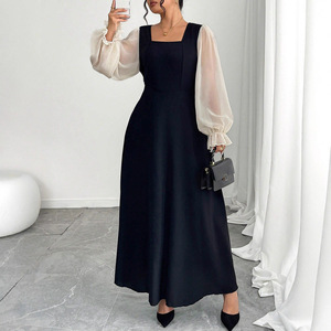 Vestidos elegantes de talla grande con cuello cuadrado y mangas abullonadas de malla para mujer - Product Image 3