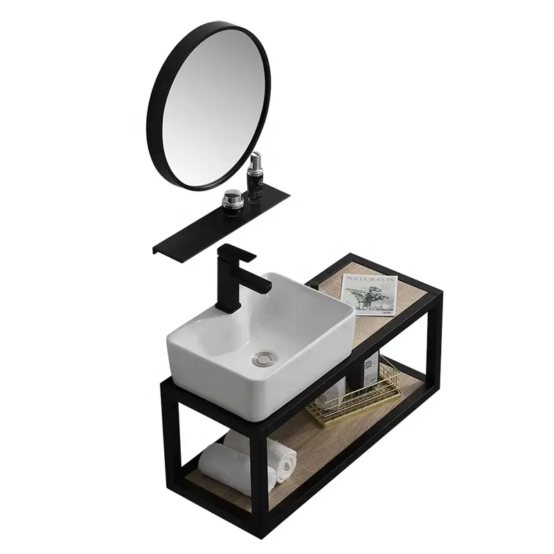 Настенная полка для хранения ванной комнаты умывальник с черным металлическим каркасом туалетный столик с раковиной